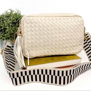 Cream Woven Camera Crossbody Bag Adjustable Strap Tassel NWT! MSRP $65